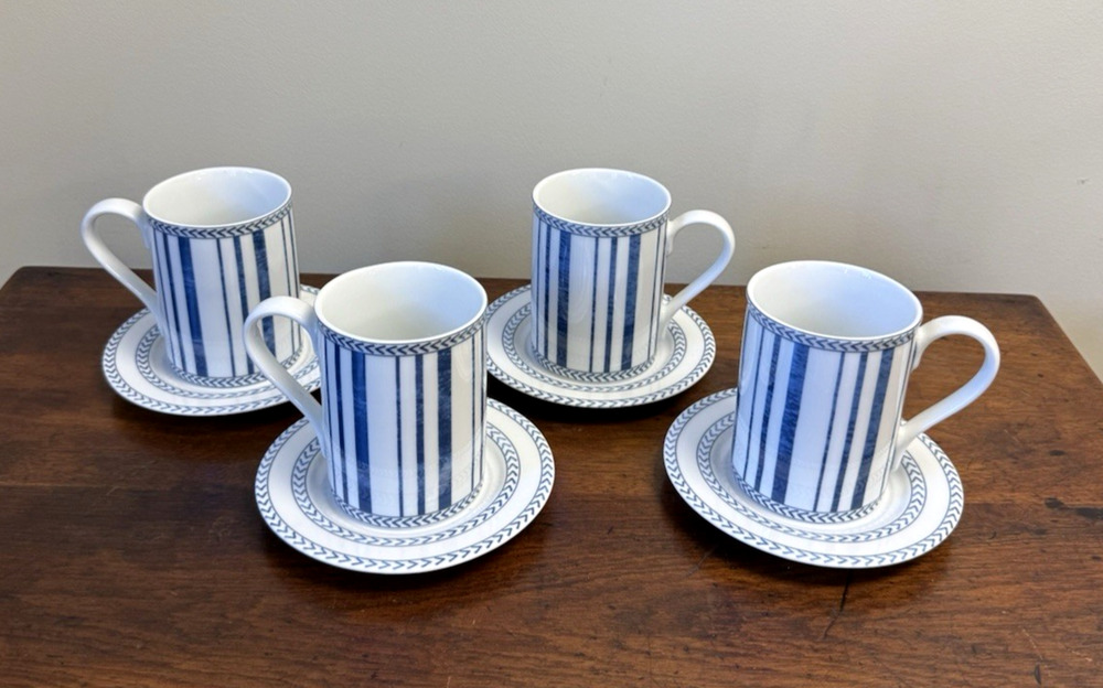 Bunny Williams Ballard Designs Campbell House Mugs Saucers Blue White Set 4